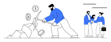 İki iş adamı işbirliği yaparken, para basmak için taş kıran bir adam, takım çalışması, takım çalışması ve mali başarı. Finans, yatırım, işbirliği, büyüme ve iş gücü için ideal