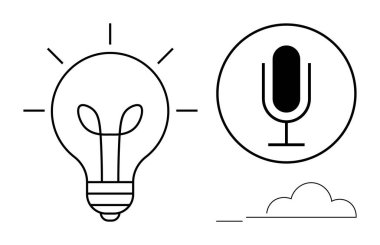 Ampul, mikrofonun yanında ışık saçıyor ve bulut hatlarıyla daire çiziyor. Yenilik, teknoloji, yaratıcılık, beyin fırtınası, iletişim, podcast, yapay zeka, basit iniş sayfası için ideal