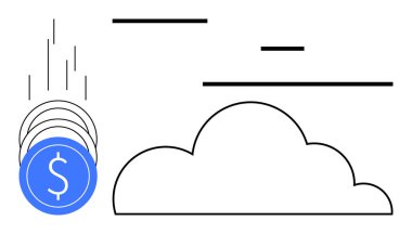 Bulut konseptinin yanında bir dolar işareti olan bozuk paralar düşüyor. Finans, tasarruf, teknoloji, yenilik, bulut hesaplama, dijital ödeme, basit iniş sayfası için ideal
