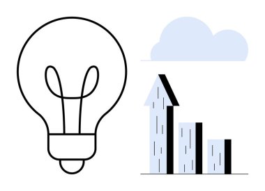 Yukarı doğru grafikli ampul ve bulutlar büyümeyi, gelişmeyi ve yeni fikirleri temsil ediyor. İş için ideal, yaratıcılık, teknoloji, geliştirme, yenilik, analitik basit iniş sayfası