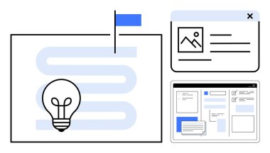 Ampul ve bayrak sarmalı yol yaratıcılığı ve hedefleri sembolize eder. Web arayüzleri organizasyon ve proje planlamasını öneriyor. Tasarım, yenilik, iş akışı, strateji, hedefler ve teknoloji için ideal