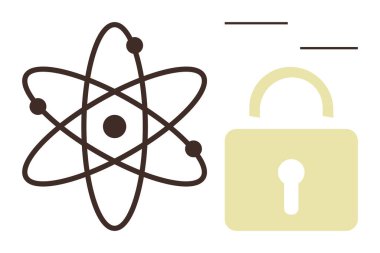Veri koruması, siber güvenlik, bilimsel güvenlik, şifreleme, bilgi koruma, yenilikçilik güvenliği ve nükleer güvenliği temsil eden kapalı bir asma kilidin yanında yörüngede dönen elektronları olan atom modeli