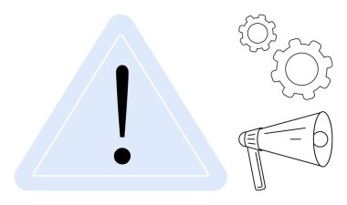 Üçgendeki ünlem işareti uyarıyı vurgular. Megafon ve dişliler iletişimi, mekaniği veya işlemleri sembolize eder. Alarm, işlem, uyarı, risk, güvenlik dikkati basit iniş sayfası için ideal