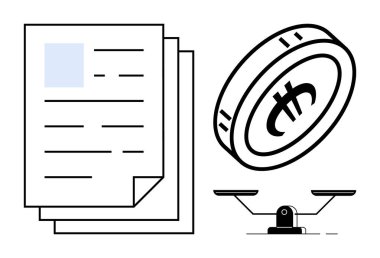 Bir yığın kağıt, dijital para ve mali karar verme mekanizmasını temsil eden denge terazisi, belge incelemesi, gider takibi. Finans, ekonomi, muhasebe ve değerlendirme bütçesi için ideal