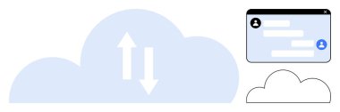 Veri alışverişini sembolize eden yukarı ve aşağı okları olan büyük bulut, sohbet arayüzü penceresinin yanında. Bulut hesaplama, iletişim, takım çalışması, veri transferi, işbirliği, teknoloji, basit