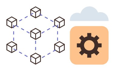 Birbirine bağlı altı küp, teknolojik sinerjiyi sembolize eden bir vites ikonuna ev sahipliği yapan bir bulut zincirini temsil ediyor. Engelleme zinciri, bulut hesaplama, ağ, teknoloji ve veri paylaşımı için ideal