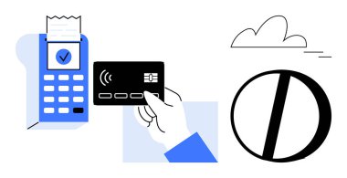 Faturalı kart okuyucu, kredi kartı tutan bir el ve yasaklı bir ikon. Finans, ödeme, e-ticaret, teknoloji, nakitsiz güvenlik iş konsepti için ideal. Basit düz metafor