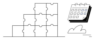 Birbirine kenetlenmiş bulmaca parçaları piramidi, işaretli karelerle detaylı takvim, yüzen bulut çizimi. Planlama, takım çalışması, planlama, strateji, yapı, organizasyon için ideal