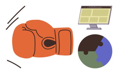 Boks eldiveni iş başında, düzenleri gösteren bir monitör ve rekabeti, meydan okumayı, stratejiyi, küresel sorunları, dijital çözümleri, takım çalışmasını sembolize eden bir bulmaca küresi. Basit düz metafor