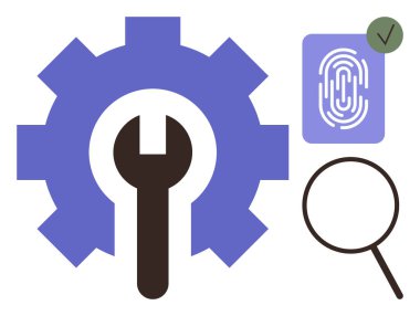 Ortasında ingiliz anahtarı olan vites, parmak izi kimliği ve büyüteç dijital aletleri, sorun çözmeyi, güvenlik doğrulamasını simgeliyor. Siber güvenlik, yazılım optimizasyonu, onarım, kimlik denetimi için ideal