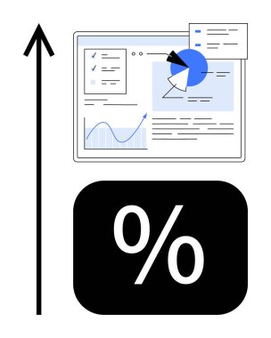 Çizelgeli analitik gösterge paneli, pasta grafiği, yukarı doğru ok, yüzde simgesi. Ticari büyüme, veri analizi, performans takibi, finans, pazarlama ekonomisi için ideal basit iniş sayfası