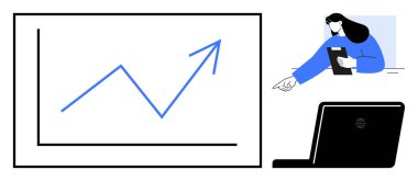 Yükselen oklu büyüme tableti ve işaret eden iş kadını, ilerlemeyi gösteren dizüstü bilgisayar. İş, strateji, analitik, kurumsal büyüme, üretkenlik, karar verme mekanizması için ideal
