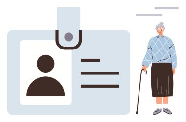 Fotoğraflı kimlik kartı ve elinde baston tutan yaşlı kadının yanındaki detaylar. Sağlık hizmetleri, kıdemli destek, kimlik doğrulama, yaşlılık bakımı, kişisel belgeler, erişilebilirlik, basit düz metafor