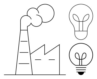 İki minimalist ampul tasarımının yanında duman bulutu yayan bir fabrika. Enerji, sürdürülebilirlik, yenilik, çevre dostu endüstri, yeşil teknoloji, üretim ve güç için ideal. Düz