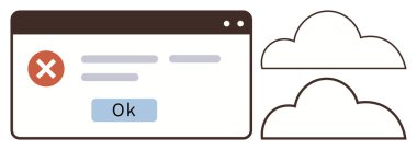 Bir OK düğmesi ve iki ana hatlı bulut şekilli hata iletisi. Sistem arızası, bulut servisi, senkronizasyon, internet sorunu, sorun giderme, uyarı uyarıları, basit düz metafor