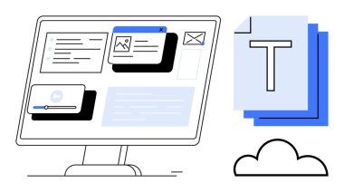 Bilgisayar monitörü çoklu görev UI gereçlerini, metin belge yığınını ve bulut simgesini görüntülüyor. Teknoloji, üretkenlik, uzaktan çalışma, veri depolama, işbirliği, kullanıcı deneyimi için ideal