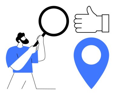 Elinde büyüteç, mavi lokasyon iğnesi ve onay simgesi olan bir adam. Arama, keşif, onay, navigasyon, analiz, karar verme ve basit iniş sayfası için ideal