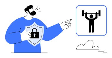 Elinde kilit sembolü olan bir kalkan tutan adam ağırlık kaldırma ikonunu işaret ediyor. Güvenlik, veri koruması, güç, fiziksel güç, rehberlik, dijital güvenlik için ideal, basit düz metafor