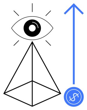 Geometrik piramidin üstündeki soyut göz, yukarı doğru işaret eden mavi ok dolar işareti. Vizyon, büyüme, analiz, liderlik, finans, strateji projeksiyonu için ideal. Basit düz metafor