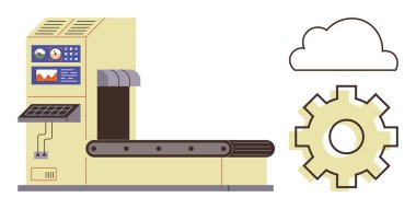Bulut ve dişli simgesi ile birlikte, monitör ekranına bağlı konveyör bandı sistemi. Otomasyon, teknoloji, üretim, üretkenlik, verimlilik, yenilik, dijitalleşme için idealdir.