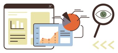 Analitik gösterge tablosu, çizgi grafiği, pasta grafiği ve içgörü incelemesi için büyüteç. Araştırma, raporlama, iş stratejisi, analitik, veri bilimi performansı için ideal