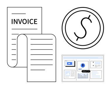 Fatura belgeleri, dolar parası, finans ve verileri vurgulayan analitik gösterge ekranı. Ödeme sistemleri, muhasebe yazılımı, gider takibi, finansal organizasyon, bütçe kavramları için ideal
