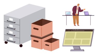 Metal dosya dolabı, karton kutular, dijital görevleri gösteren monitör ve masa başı sunum figürleri. Ofis yönetimi, evrak işleri, dijital iş akışı, takım çalışması, depolama uzaktan çalışma için ideal