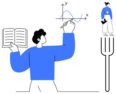 Küçük figür çatalın üzerinde dururken, kitap tutan ve çizen kişi. Eğitim, yaratıcı düşünme, problem çözme, soyut kavramlar, büyüme, yenilik, işbirliği için idealdir. Basit düz