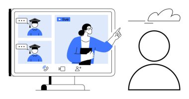 Öğrencilere canlı yayında açıklayan öğretmenle çevrimiçi öğrenme oturumu. Eğitim, e-öğrenme, uzaktan öğrenme, sanal toplantılar, akıl hocalığı, webinarlar için ideal, basit düz metafor
