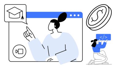 Çevrimiçi eğitim arayüzünü işaret eden bir kadın, küçük rakamlarla kod öğrenme ve finansal başarıyı gösteren bir para. E-öğrenim, teknoloji, kodlama, eğitim, büyüme ve çevrimiçi ekonomi için ideal