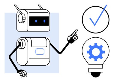 Mekanik kollu robot, içinde ekipman olan bir kontrol işareti ve ampul gösteriyor. Teknoloji, otomasyon, yenilik, yapay zeka, robot bilimi, problem çözme, karar verme için ideal. Minimalist düz tasarım