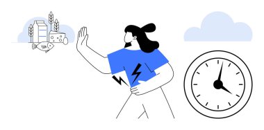 Kadınlar süt ürünlerinden, balıklardan ve tahıllardan kaçınmak için el kaldırıyor, yiyeceklere hoşgörüsüzlüğü, enerji odaklanmasını ve zaman yönetimini simgeliyor. Sağlık, diyet alerjisi yaşam tarzı üretkenlik zaman planlama için idealdir. Basit.