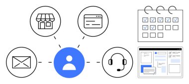 Alışveriş, e-posta, tarayıcı, kulaklık, takvim ve görev arayüzü bağlantıları olan merkezi bir figür. Müşteri yönetimi, iş akışı organizasyonu, omnichannel iletişim programı için ideal