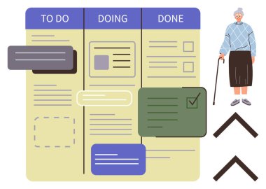 Görev kurulu görev takibi için renkli kartlarla yapılacaklar, yapılacaklar ve yapılacaklar bölümüne bölündü. Yaşlı bir kadın, elinde baston ve yön gösteren oklarla dikiliyor. Planlama, organizasyon ve verimlilik için ideal