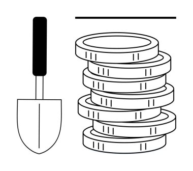 Bahçıvanlık malası büyümeyi, yatırımı, zenginliği ve çabayı sembolize eden bozuk para yığınının yanına yerleştirildi. Finans, tasarruf, tarım, ekonomi sürdürülebilirlik zenginlik planlaması için ideal