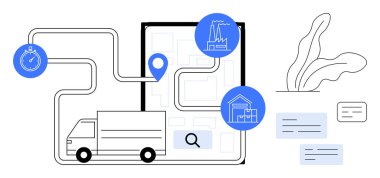 Güzergah haritasında GPS, kronometre, fabrika ve depo simgeleriyle teslimat minibüsü. Lojistik, tedarik zinciri, ulaşım, yük izleme, zaman yönetimi optimizasyonu için ideal