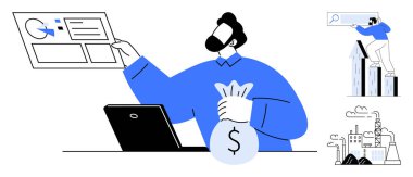 Para çantası tutan adam, dizüstü bilgisayardaki çizelgeleri analiz ediyor. İş büyümesi görselleştirme, endüstri ve fabrika grafikleri dahil. Finans, veri analizi, iş büyümesi, girişimcilik için ideal