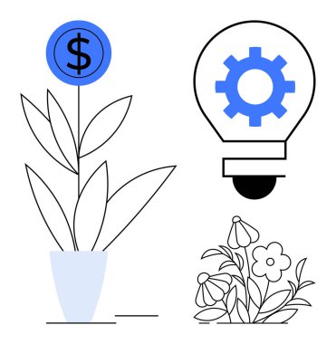 Mali büyümeyi sembolize eden mavi dolar bitkisi, yenilik için ampul dişlisi ve çiçek açan. İş için ideal, yaratıcılık, yatırım, sürdürülebilirlik, girişimcilik, üretkenlik