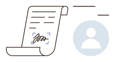 Vurgulanmış imza bloğu ve kullanıcı simgesine sahip yuvarlanmış dijital belge e-imzaları, çevrimiçi sözleşmeleri, belgeleri, kimlik doğrulamasını sembolize ediyor. İş, hukuk, teknoloji veya mahremiyet için ideal