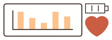 Turuncu çubuklu bar tablosu, enerji seviyelerini belirten pil ve sağlığı sembolize eden kalp. Fitness izleme, sağlık uygulamaları, sağlık analizleri, üretkenlik araçları, enerji izleme için ideal