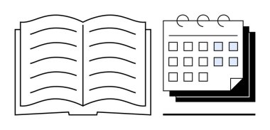 Bir duvar takvimi, eğitim, planlama, program, zaman yönetimi, teslim tarihleri, etkinlikler ve organizasyonu temsil eden açık bir kitap. Üretkenlik çalışması ipuçları ya da hedef takibi için ideal. Basit.