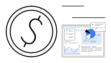 Analitik gösterge panelinin yanında dolar amblemi. Grafikler, pasta grafiği ve finansal rapor unsurları. Finans, yatırım, iş, muhasebe, dijital araçlar, veri analizi için ideal