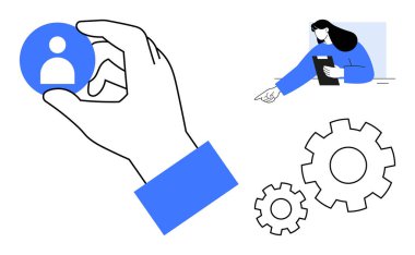 El ele tutuşan kullanıcı simgesi, dikkat çeken bir iş kadını ve operasyonları sembolize eden vitesler. Takım çalışması, İK, işe alım, iş akışı, süreç yönetimi, optimizasyon için ideal