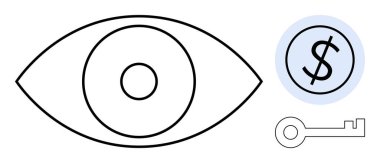 Göz görüşü simgeler, dolar işareti parayı ya da finansal hedefleri taşır ve anahtar da erişimi ya da güvenliği temsil eder. Finans, öngörü, fırsatlar, strateji, başarı, güvenlik liderliği için ideal