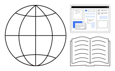 Bilgi paylaşımını, dijital öğrenmeyi, çevrimiçi eğitimi ve küresel iletişimi temsil eden dünya, açık kitap ve bilgisayar arayüzü. Eğitim, teknoloji ve öğrenme araştırmaları için ideal