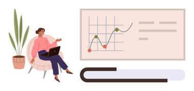 Dizüstü bilgisayarlı bir kadın, büyük bir kitap, grafikli bir yazı tahtası. Analiz, eğitim, iş, planlama, uzaktan öğrenme araçları stratejisi için idealdir. Temiz, düz metafor