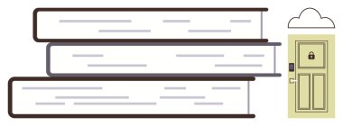 Kilitli bir kapının yanında bir yığın yatay kitap. Bilgiyi, güvenliği, gizliliği, öğrenmeyi ve veri korumasını sembolize ediyor. Eğitim uygulamaları, kütüphaneler, siber güvenlik sade iniş için ideal.