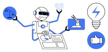 Robot, ölçekli, kalp, robot kolu, ampul ve başparmak kaldırma simgeleriyle işleri idare ediyor. Yapay zeka, otomasyon, robot bilimi, yenilik, sağlık etiği için ideal. Basit bir iniş sayfası.