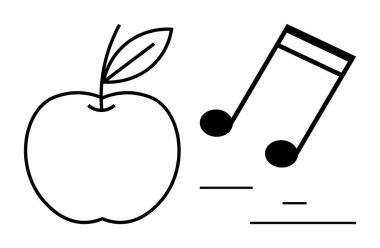 Elma ve yaprak, müzik notaları ile en az satır sanatı tarzında eşleştirilir. Tasarım, yaratıcılık, eğitim, sağlık, müzik, denge ve basit iniş sayfası için ideal