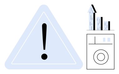 Ünlem işaretli uyarı üçgeni, yukarı doğru eğilim tablosu, çamaşır makinesi arayüzü. Güvenlik, risk yönetimi, verimlilik, performans optimizasyonu, uyarılar, cihazlar için ideal